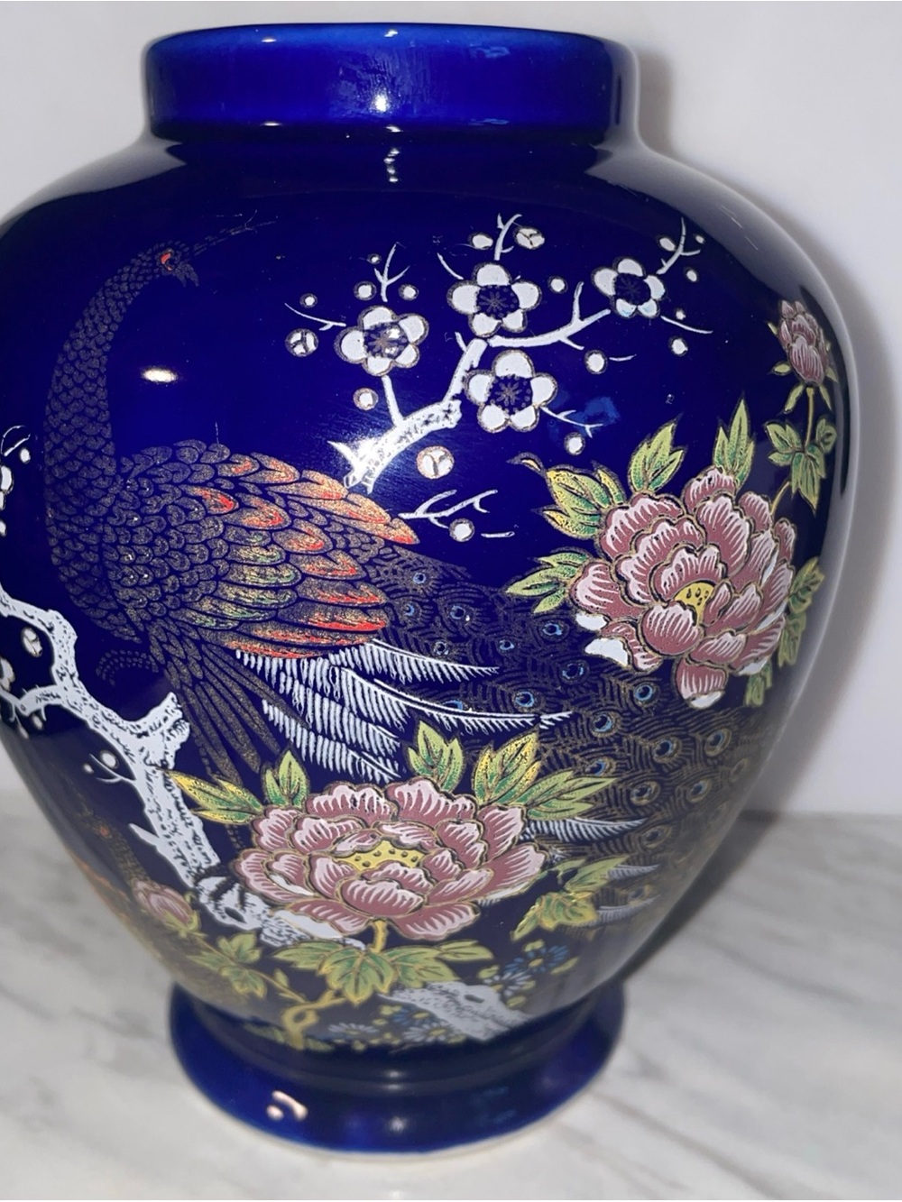 Cobalt Blue Peacock Ceramic Vase with Pink Floral Accents